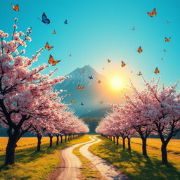 A beautiful landscape featuring cherry blossom trees lining a winding path leading to a majestic mountain