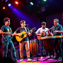 A vibrant performance scene on stage, featuring a diverse group of young men playing various instruments: one playing a bass guitar, another strumming an acoustic guitar, a third musician playing a cuatro, and a fourth sitting at timbales