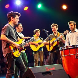 A vibrant performance scene on stage, featuring a diverse group of young men playing various instruments: one playing a bass guitar, another strumming an acoustic guitar, a third musician playing a cuatro, and a fourth sitting at timbales