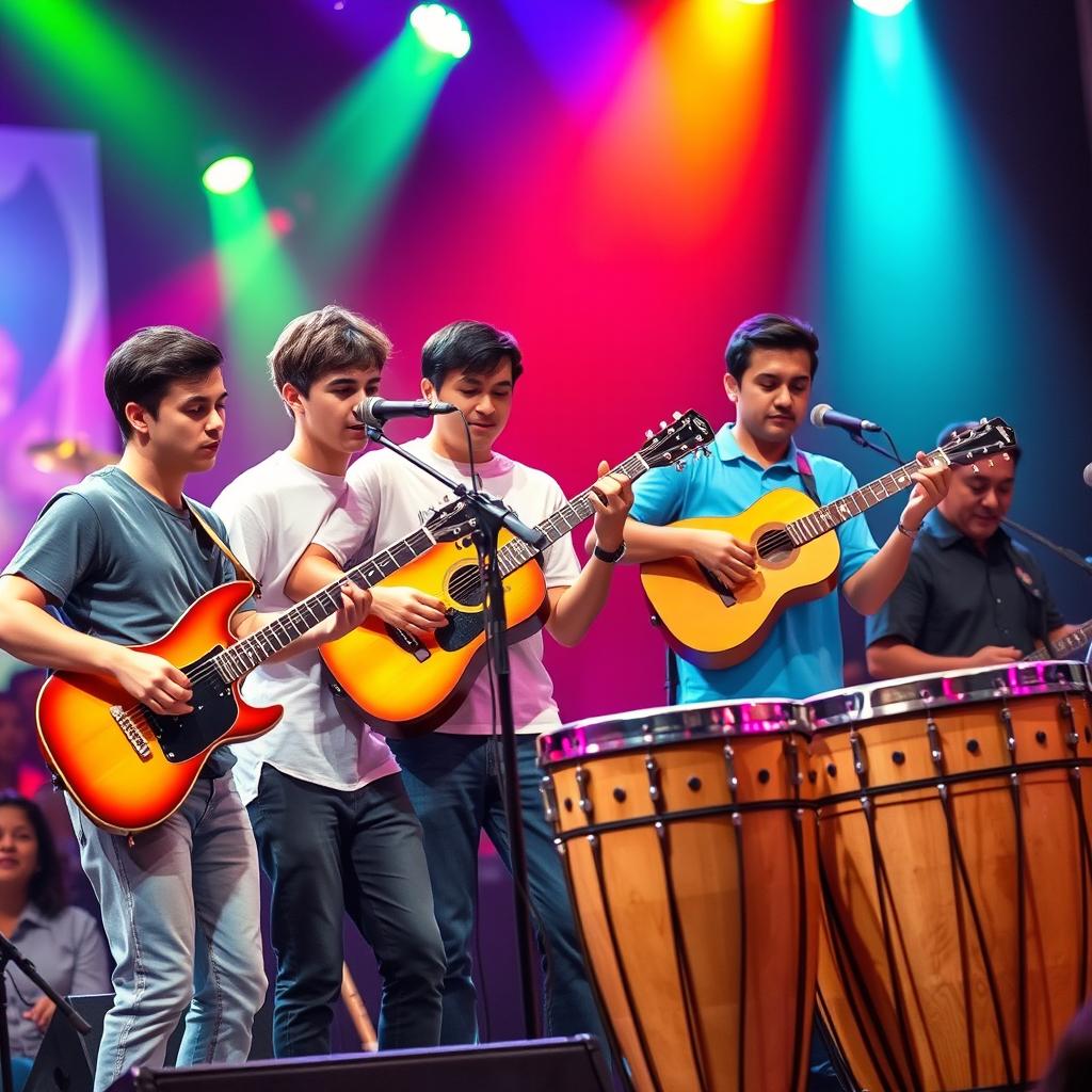 A vibrant performance scene on stage, featuring a diverse group of young men playing various instruments: one playing a bass guitar, another strumming an acoustic guitar, a third musician playing a cuatro, and a fourth sitting at timbales