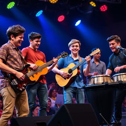 A vibrant performance scene on stage, featuring a diverse group of young men playing various instruments: one playing a bass guitar, another strumming an acoustic guitar, a third musician playing a cuatro, and a fourth sitting at timbales