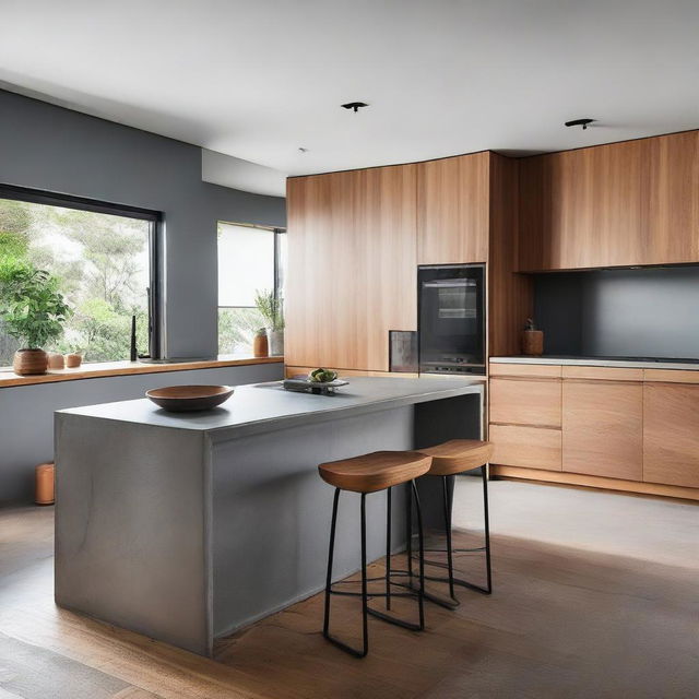 An architecturally designed modern kitchen, featuring sleek concrete benchtops, a unique sculptural island bench as the centerpiece, and classic timber cupboards adding warmth to the overall aesthetic.