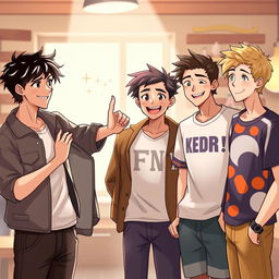 A warm and inviting scene featuring four young men introducing themselves