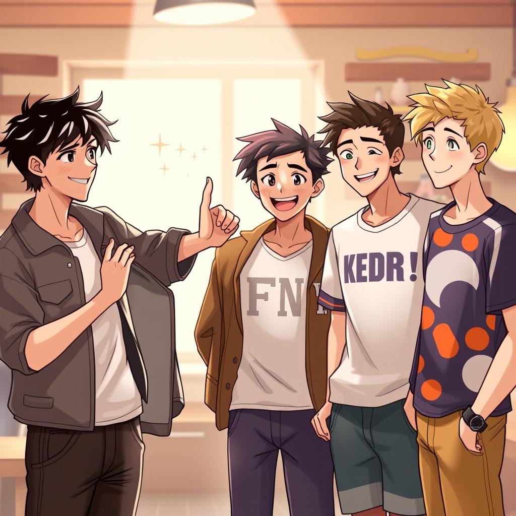 A warm and inviting scene featuring four young men introducing themselves