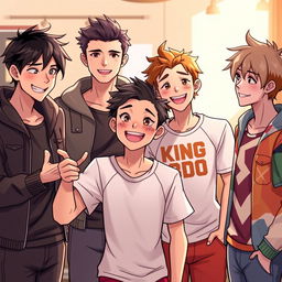 A warm and inviting scene featuring four young men introducing themselves