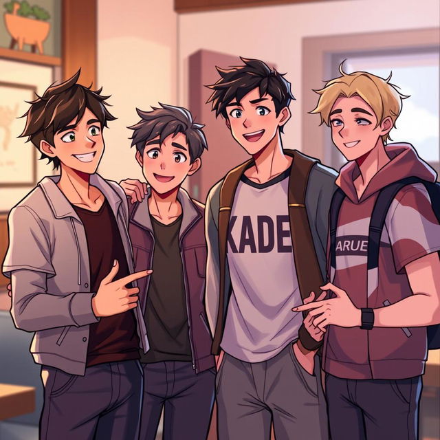 A warm and inviting scene featuring four young men introducing themselves