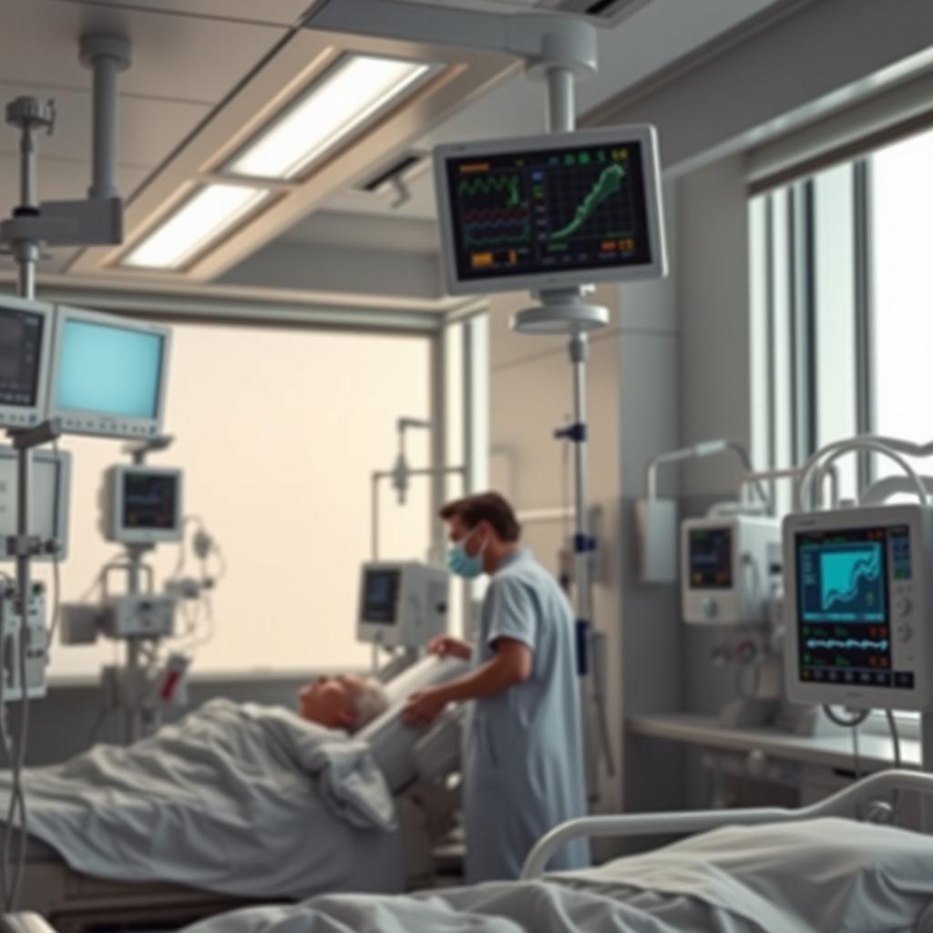 A detailed scene of an ICU section in a hospital, showcasing advanced medical equipment such as ventilators, monitors displaying patient vitals, a nurse checking on a patient, and soft overhead lighting creating a calm atmosphere
