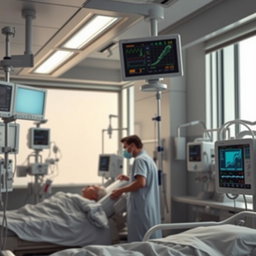 A detailed scene of an ICU section in a hospital, showcasing advanced medical equipment such as ventilators, monitors displaying patient vitals, a nurse checking on a patient, and soft overhead lighting creating a calm atmosphere