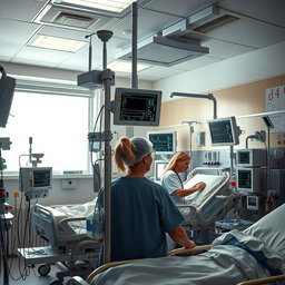 A detailed scene of an ICU section in a hospital, showcasing advanced medical equipment such as ventilators, monitors displaying patient vitals, a nurse checking on a patient, and soft overhead lighting creating a calm atmosphere