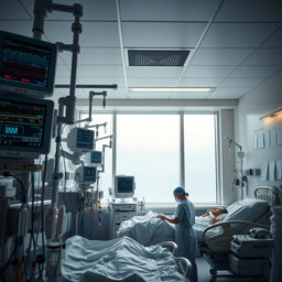 A detailed scene of an ICU section in a hospital, showcasing advanced medical equipment such as ventilators, monitors displaying patient vitals, a nurse checking on a patient, and soft overhead lighting creating a calm atmosphere
