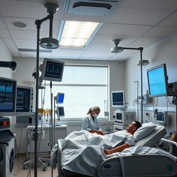 A detailed scene of an ICU section in a hospital, showcasing advanced medical equipment such as ventilators, monitors displaying patient vitals, a nurse checking on a patient, and soft overhead lighting creating a calm atmosphere