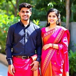 A handsome young man standing proudly next to his beautiful wife, who is wearing a stunning traditional saree in rich, vibrant colors