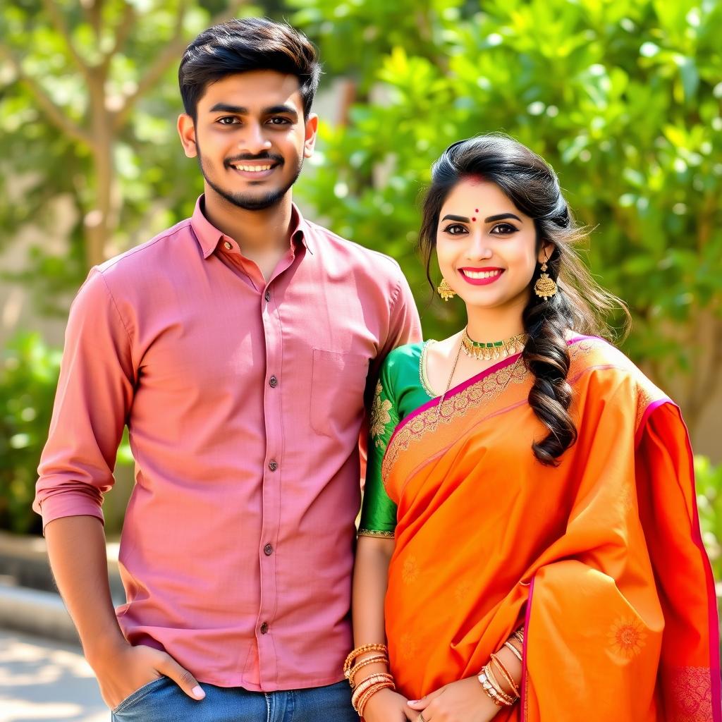 A handsome young man standing proudly next to his beautiful wife, who is wearing a stunning traditional saree in rich, vibrant colors