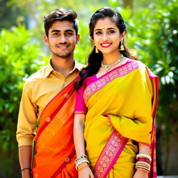 A handsome young man standing proudly next to his beautiful wife, who is wearing a stunning traditional saree in rich, vibrant colors