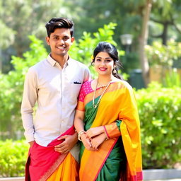 A handsome young man standing proudly next to his beautiful wife, who is wearing a stunning traditional saree in rich, vibrant colors