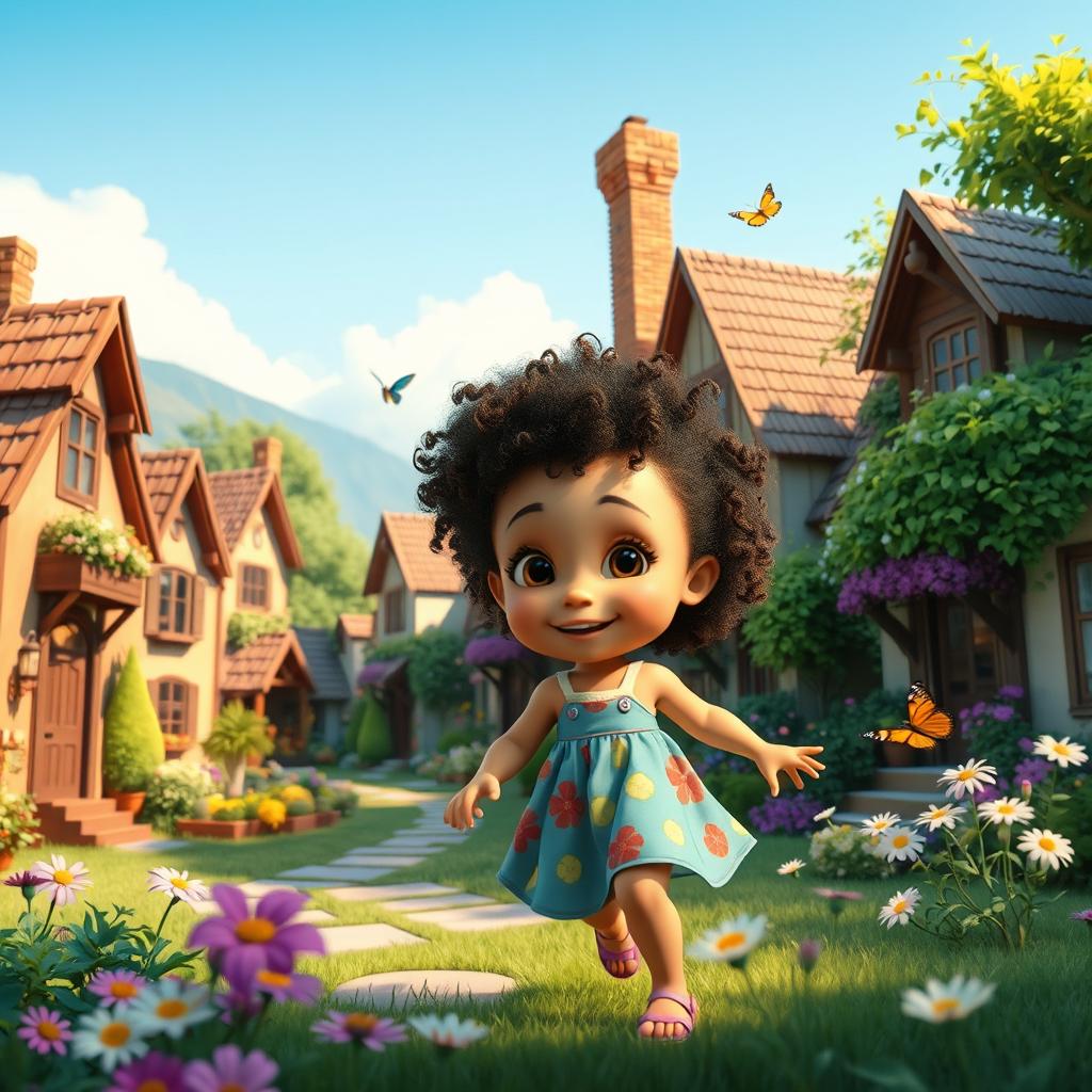 A small, cozy town with charming houses and lush greenery, featuring a bubbly little girl named Luna