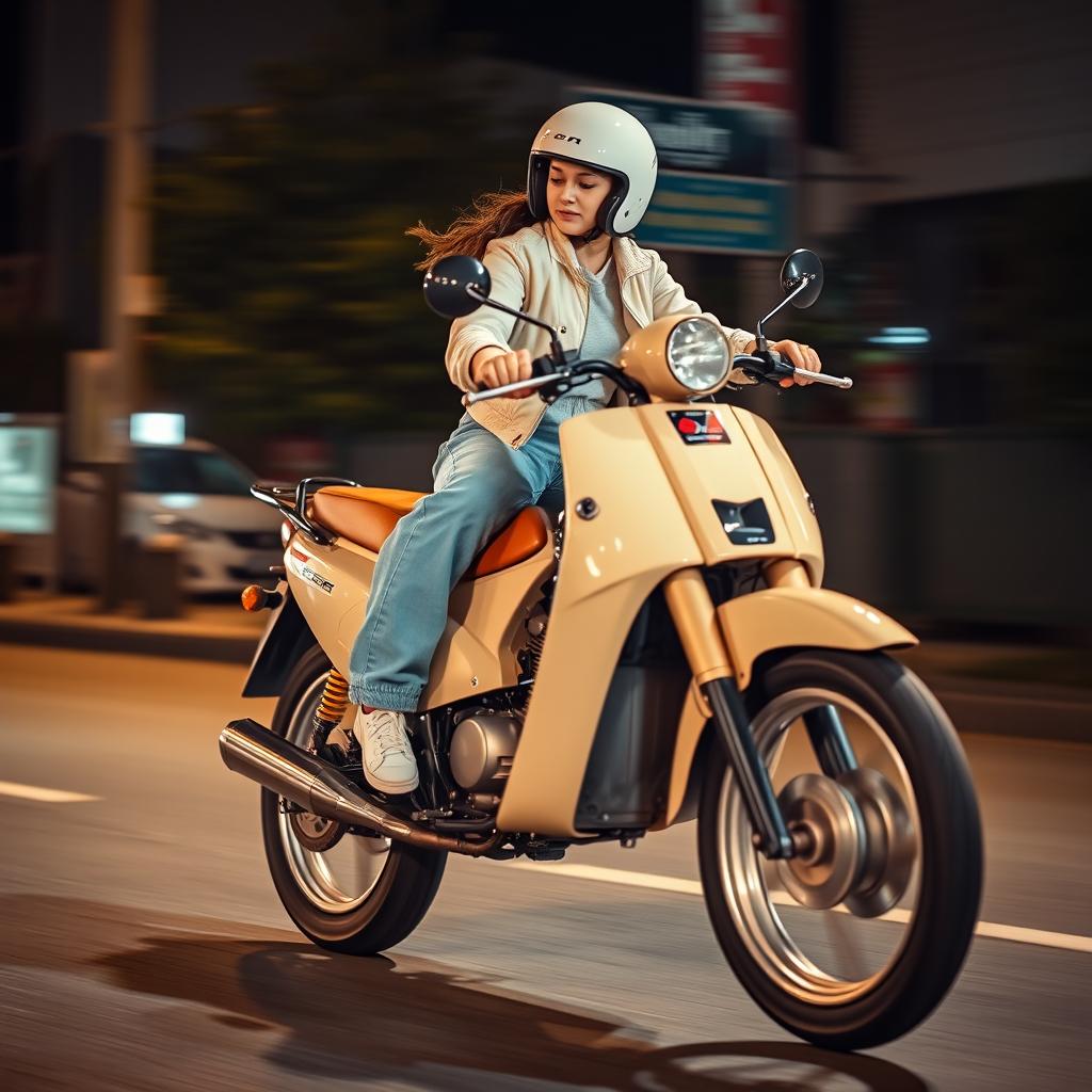 A girl riding a beige click-themed motorcycle, wearing a cream bomber jacket, ice-blue baggy jeans, and a cream helmet, performing a wheelie in a dark street
