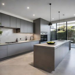 A sophisticated, architecturally designed kitchen with a lavish high ceiling, featuring sleek concrete benchtops and a unique, sculptural island bench as an artistic centerpiece.