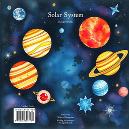 A watercolor illustration for the back cover of a sci-fi book about the solar system