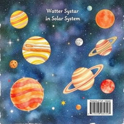 A watercolor illustration for the back cover of a sci-fi book about the solar system