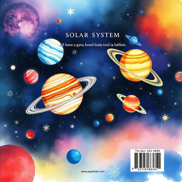 A watercolor illustration for the back cover of a sci-fi book about the solar system