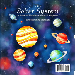 A watercolor illustration for the back cover of a sci-fi book about the solar system