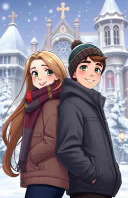 A Disney-style fanart featuring a 16-year-old boy and girl standing back to back