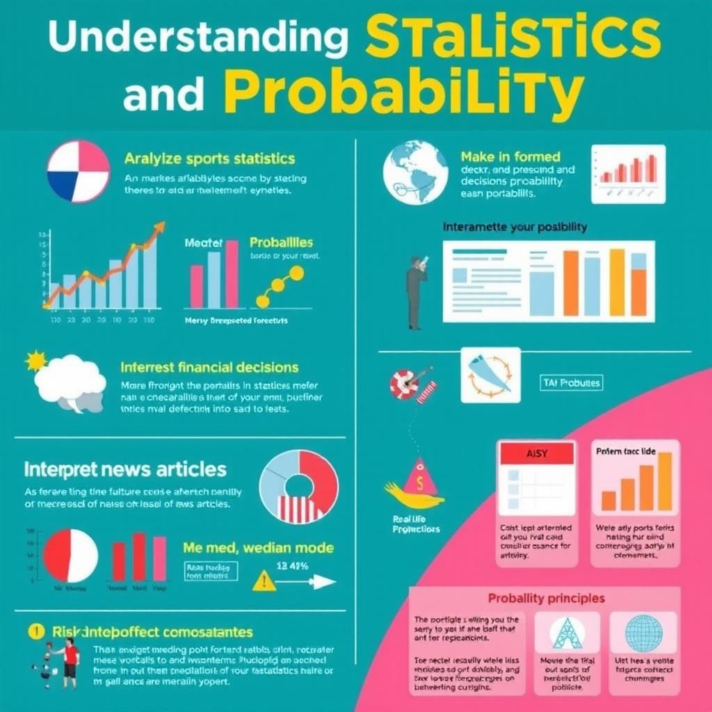 A visually engaging educational poster on understanding Statistics and Probability in daily life, featuring real-life applications such as analyzing sports statistics, making informed financial decisions based on probability, and interpreting data in news articles