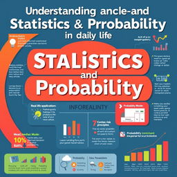 A visually engaging educational poster on understanding Statistics and Probability in daily life, featuring real-life applications such as analyzing sports statistics, making informed financial decisions based on probability, and interpreting data in news articles