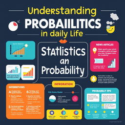 A visually engaging educational poster on understanding Statistics and Probability in daily life, featuring real-life applications such as analyzing sports statistics, making informed financial decisions based on probability, and interpreting data in news articles