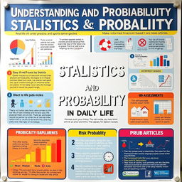 A visually engaging educational poster on understanding Statistics and Probability in daily life, featuring real-life applications such as analyzing sports statistics, making informed financial decisions based on probability, and interpreting data in news articles