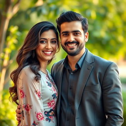 A beautiful portrait of a female singer, resembling Mahtab Sarvati, standing closely next to a male singer, resembling Majid Akhashabi