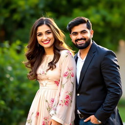 A beautiful portrait of a female singer, resembling Mahtab Sarvati, standing closely next to a male singer, resembling Majid Akhashabi