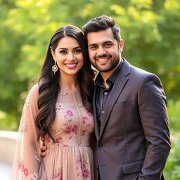 A beautiful portrait of a female singer, resembling Mahtab Sarvati, standing closely next to a male singer, resembling Majid Akhashabi