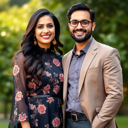 A beautiful portrait of a female singer, resembling Mahtab Sarvati, standing closely next to a male singer, resembling Majid Akhashabi