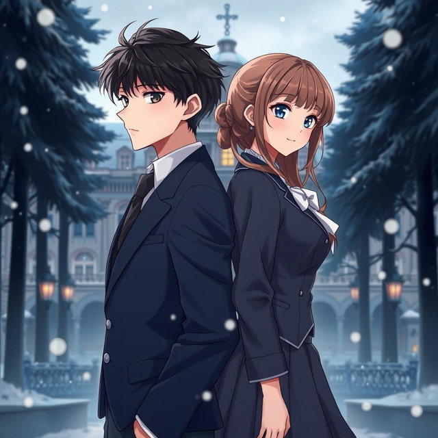 A non-anime fanart depicting a 16-year-old boy and girl standing back to back, embodying a complex relationship from enemies to lovers