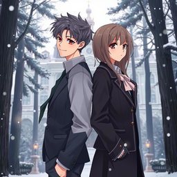 A non-anime fanart depicting a 16-year-old boy and girl standing back to back, embodying a complex relationship from enemies to lovers