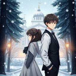 A non-anime fanart depicting a 16-year-old boy and girl standing back to back, embodying a complex relationship from enemies to lovers