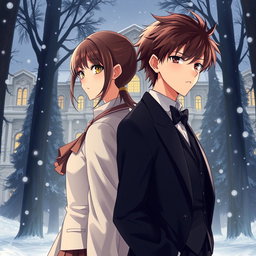 A non-anime fanart depicting a 16-year-old boy and girl standing back to back, embodying a complex relationship from enemies to lovers
