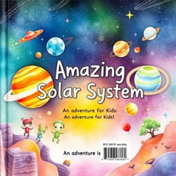 A beautiful watercolor illustration for the back cover of a sci-fi book titled 'Amazing Solar System: An Adventure for Kids'