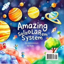 A beautiful watercolor illustration for the back cover of a sci-fi book titled 'Amazing Solar System: An Adventure for Kids'