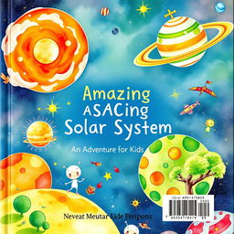 A beautiful watercolor illustration for the back cover of a sci-fi book titled 'Amazing Solar System: An Adventure for Kids'