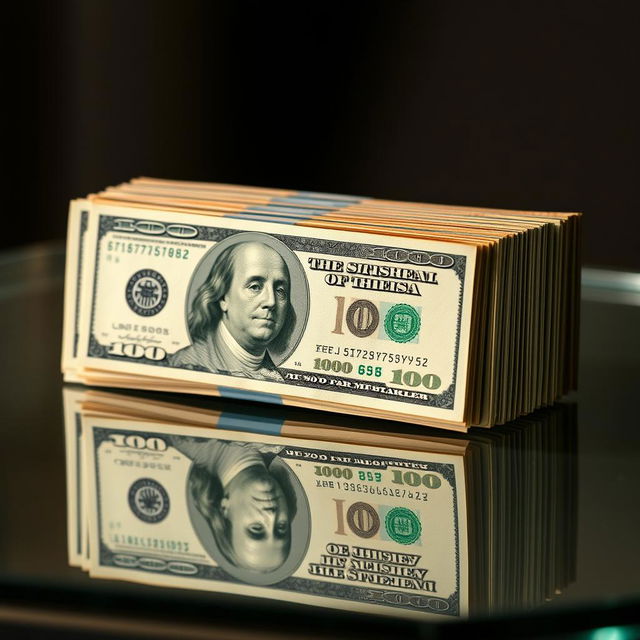 An elegant money stack featuring seven crisp $100 bills, arranged neatly with a total of $61750
