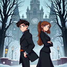 A Disney-style illustration with dark academy elements, featuring a 16-year-old boy and girl standing back to back, capturing a transition from enemies to lovers