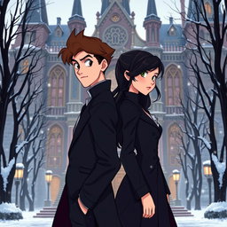 A Disney-style illustration with dark academy elements, featuring a 16-year-old boy and girl standing back to back, capturing a transition from enemies to lovers