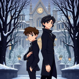 A Disney-style illustration with dark academy elements, featuring a 16-year-old boy and girl standing back to back, capturing a transition from enemies to lovers