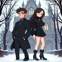 A Disney-style illustration with dark academy elements, featuring a 16-year-old boy and girl standing back to back, capturing a transition from enemies to lovers