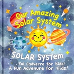 A charming watercolor book cover for a children's book titled 'Our Amazing Solar System: A Fun Adventure for Kids'