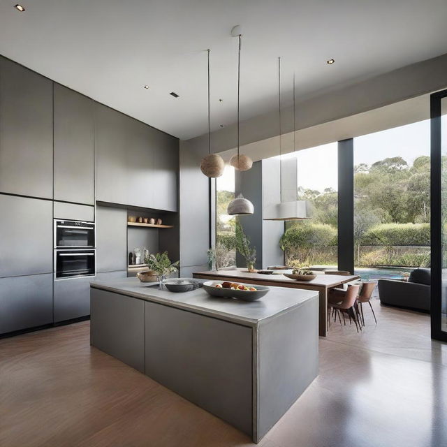 A sophisticated, architecturally designed kitchen with a lavish high ceiling, featuring sleek concrete benchtops and a unique, sculptural island bench as an artistic centerpiece.