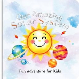 A delightful watercolor book cover for a children's book titled 'Our Amazing Solar System: A Fun Adventure for Kids'